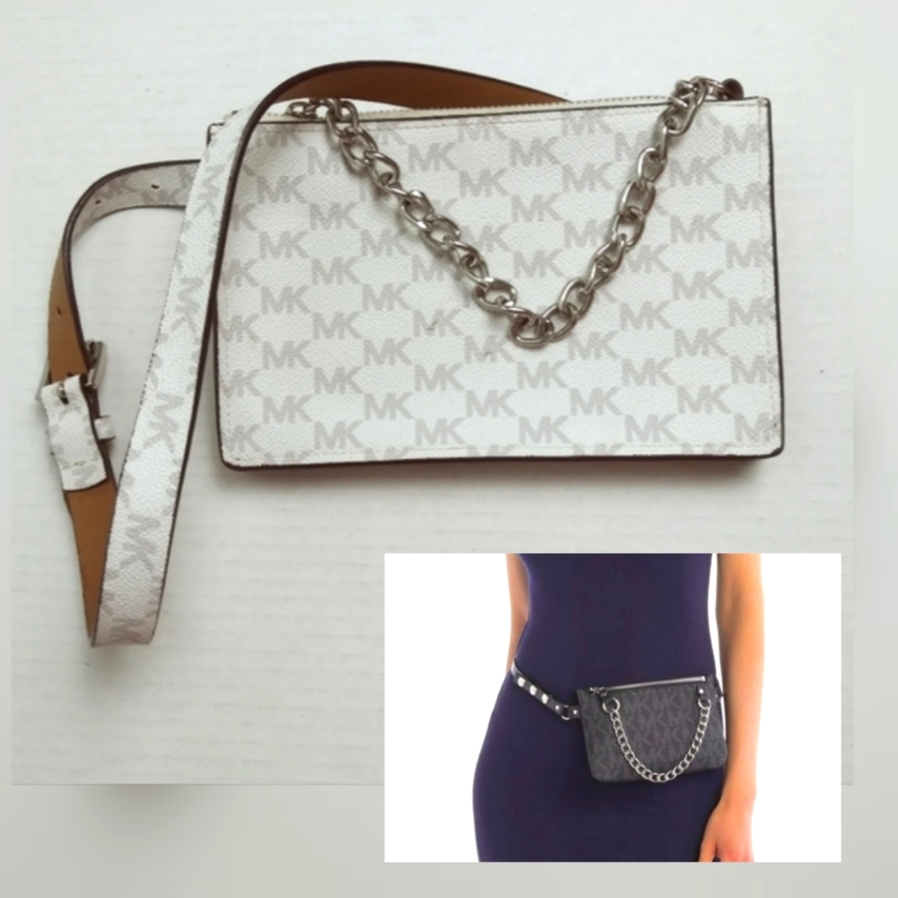 Michael Kors Pull Chain Belt Bag Size S Vegan Leather White Logo MK